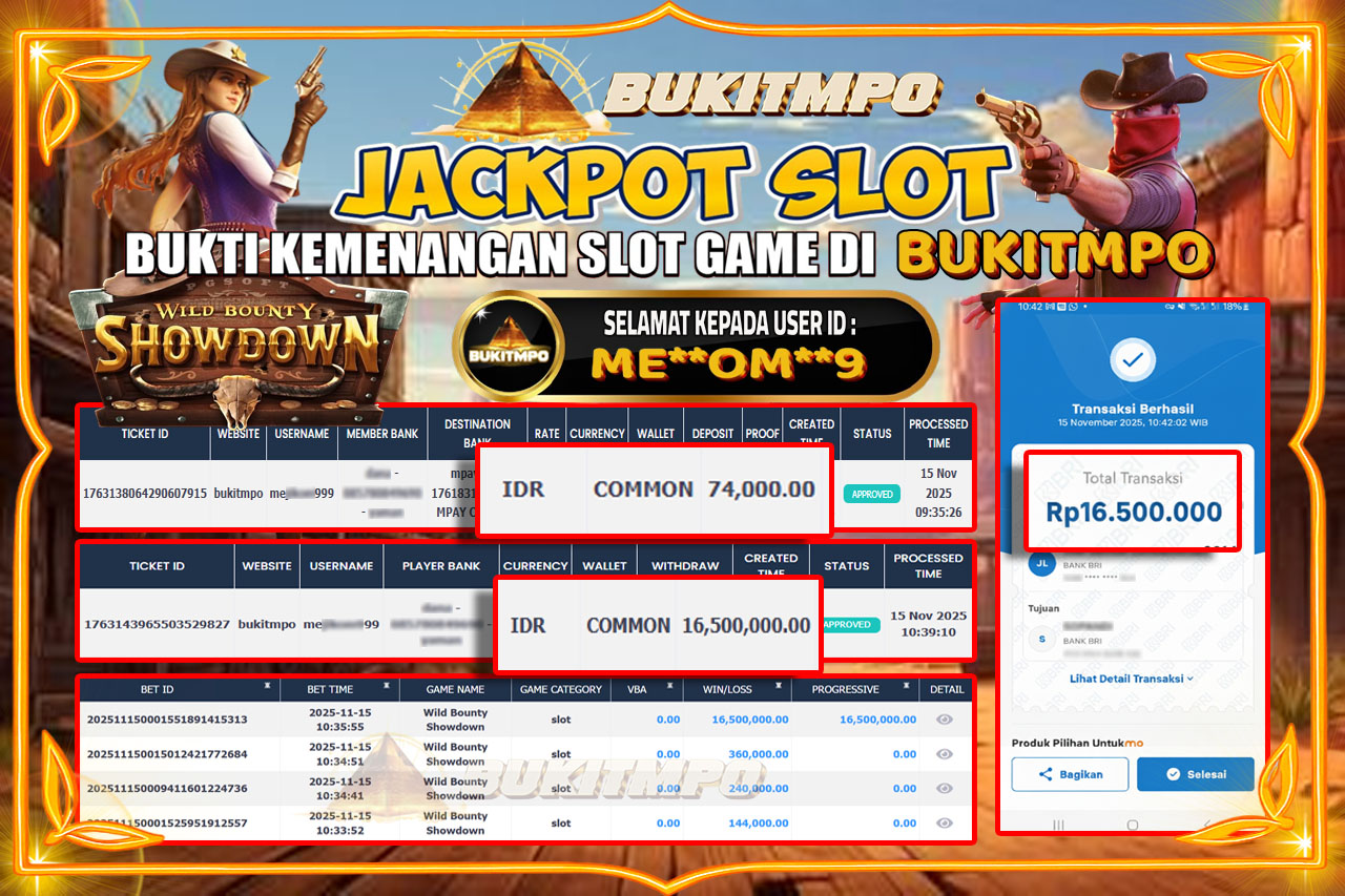 BUKITMPO JACKPOT WILD BOUNTY SHOWDOWN Rp.16.500.000,- LUNAS